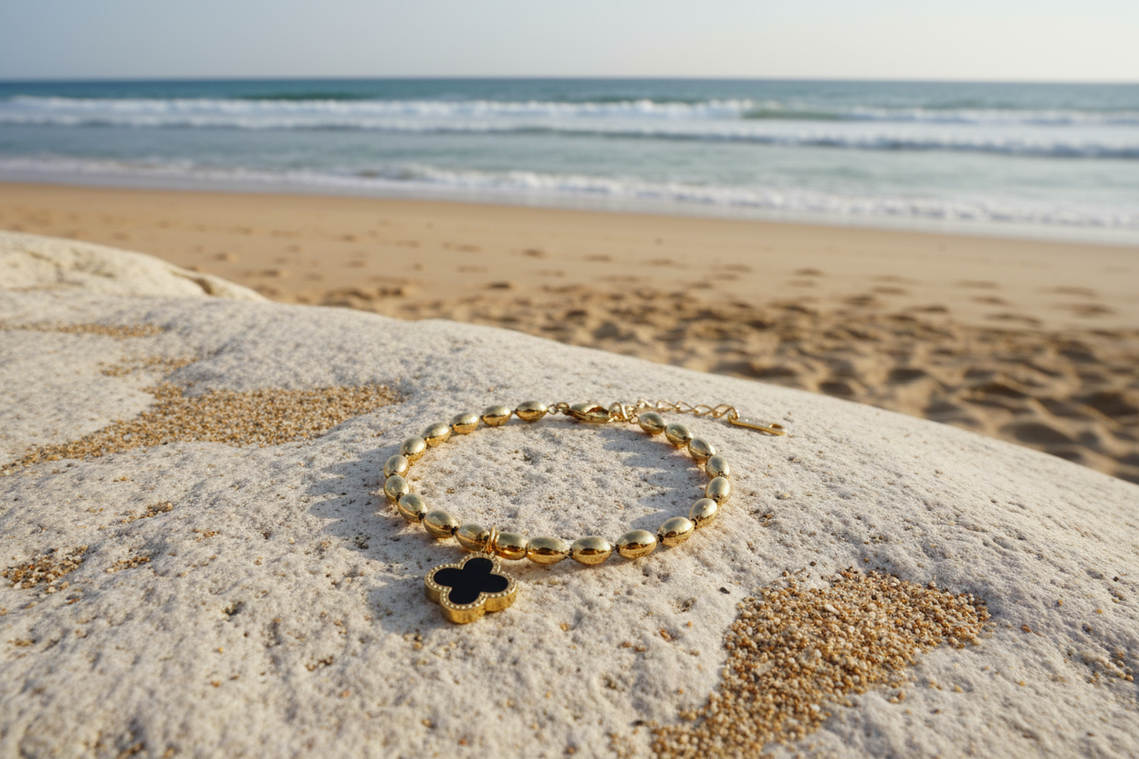 Lucky Clover Beaded Bracelet on a rock